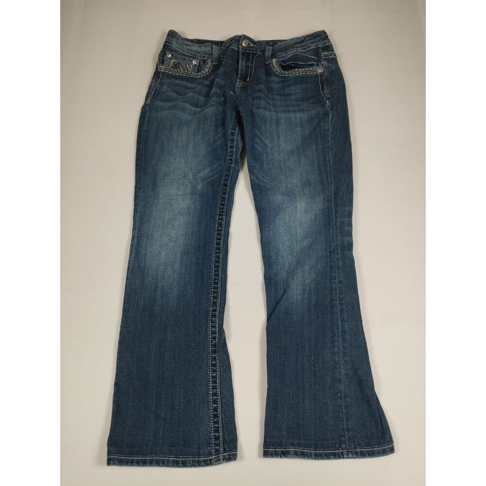 Miss Me Women 33x29 Boot Cut Jeans Medium Wash Embroidered Sequin Pockets